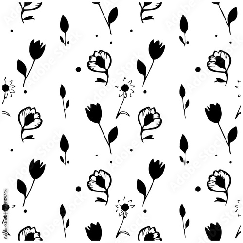 Seamless floral pattern with black flowers and buds on a white background creates a charming design