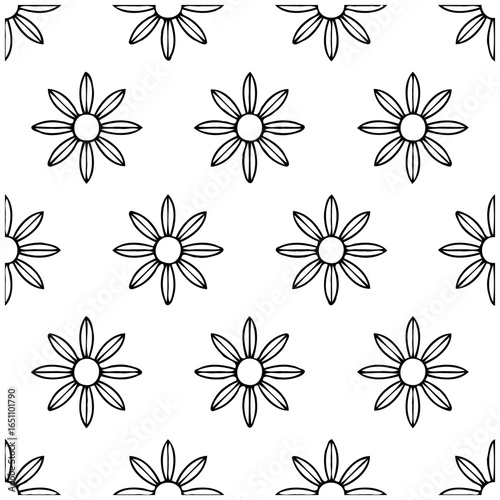 Seamless daisy pattern featuring black and white flowers creates a simple yet elegant design aesthetic with floral motifs
