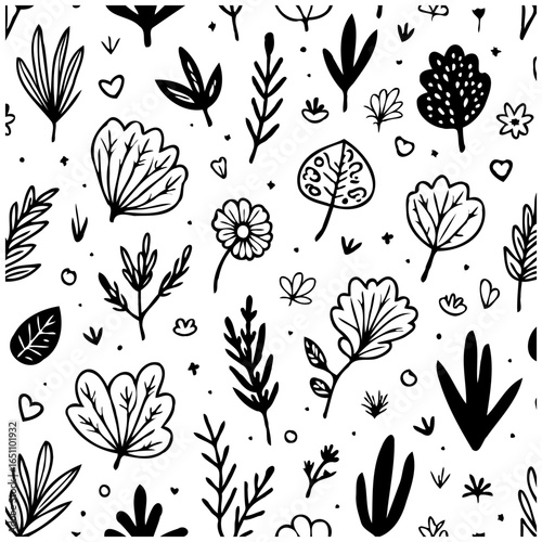Botanical bliss: an exquisite seamless pattern showcasing charming leaves and delicate floral elements in monochrome harmony
