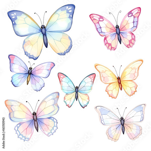 Watercolor vector set of bright hand-painted butterflies.
