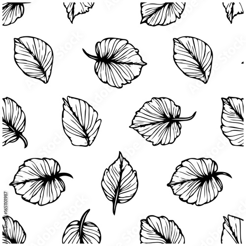 Elegant botanical illustration displaying a seamless pattern with monochrome leaf designs, offering a natural and refined aesthetic