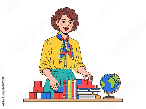 The Guiding Light of Knowledge: A dedicated educator, surrounded by the tools of learning, radiates warmth and wisdom as she shapes young minds, fostering a love for exploration and discovery.