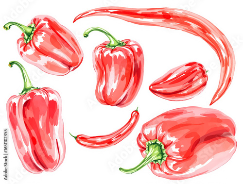 A watercolor illustration of five different types of chili peppers in various colors including red