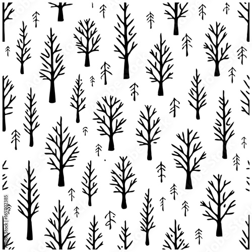 Black and white tree pattern illustration creating a forest design minimal and simplistic style background