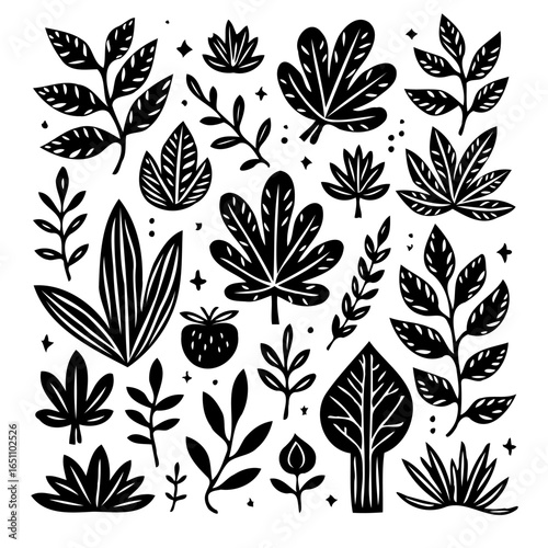 Elegant botanical vector design with assorted leaves and foliage elements in monochrome simplicity for creative projects