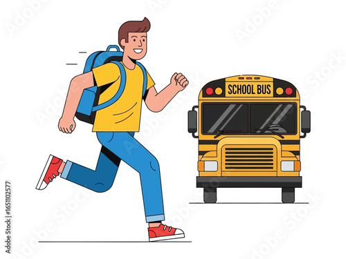Running to School: A student sprints with a backpack, chasing a yellow school bus, a vivid scene symbolizing education and the daily commute.