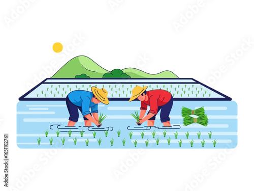 Illustrative Rice Paddy Scene: Two farmers labor in a rice paddy, planting seedlings. Their cooperative endeavor is set against a backdrop of lush hills, emphasizing agrarian life. 
