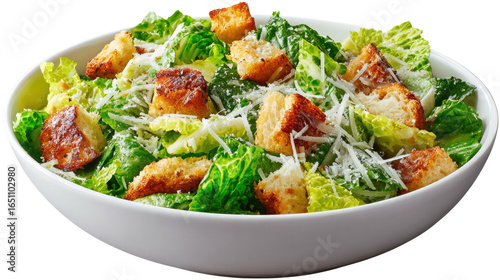 Fresh Caesar Salad: A vibrant close-up captures the freshness of a Caesar salad in a white bowl. Fresh romaine lettuce, crispy croutons, and delicate cheese flakes are arranged attractively.