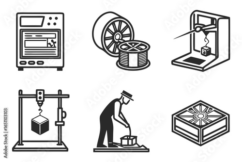 Collection of 3d printing technology icons isolated on white background