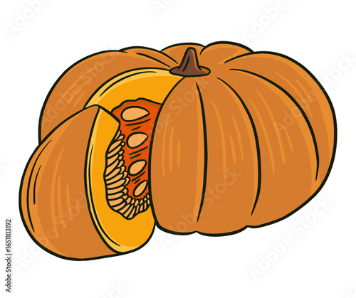 A vibrant illustration of a pumpkin, with a slice cut to reveal the seeds.