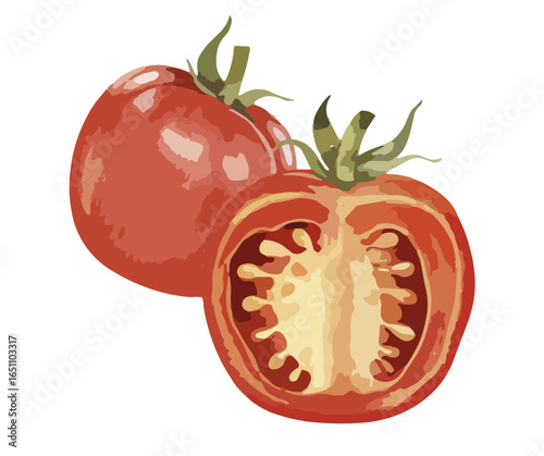 Two tomatoes, one whole and one sliced in half, revealing the seeds inside.
