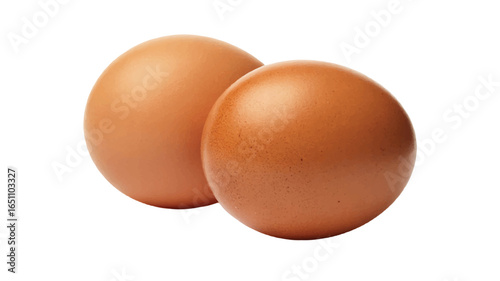 A high-quality product photograph of two brown chicken eggs against a pure white background.  
