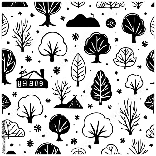 Whimsical winter landscape pattern with charming trees, cozy house, and subtle snowflakes creating a delightful seasonal backdrop