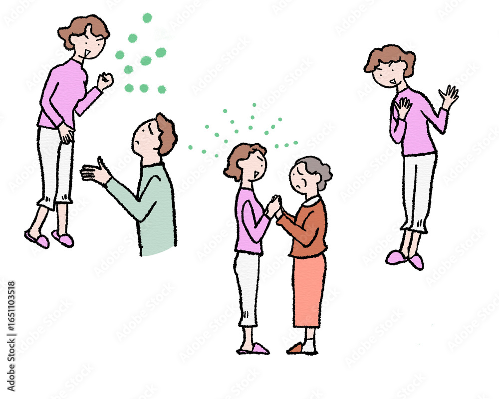 家族を励ます、ポジティブに話しをするイラスト 家族を励ます、ポジティブに話しをするイラスト