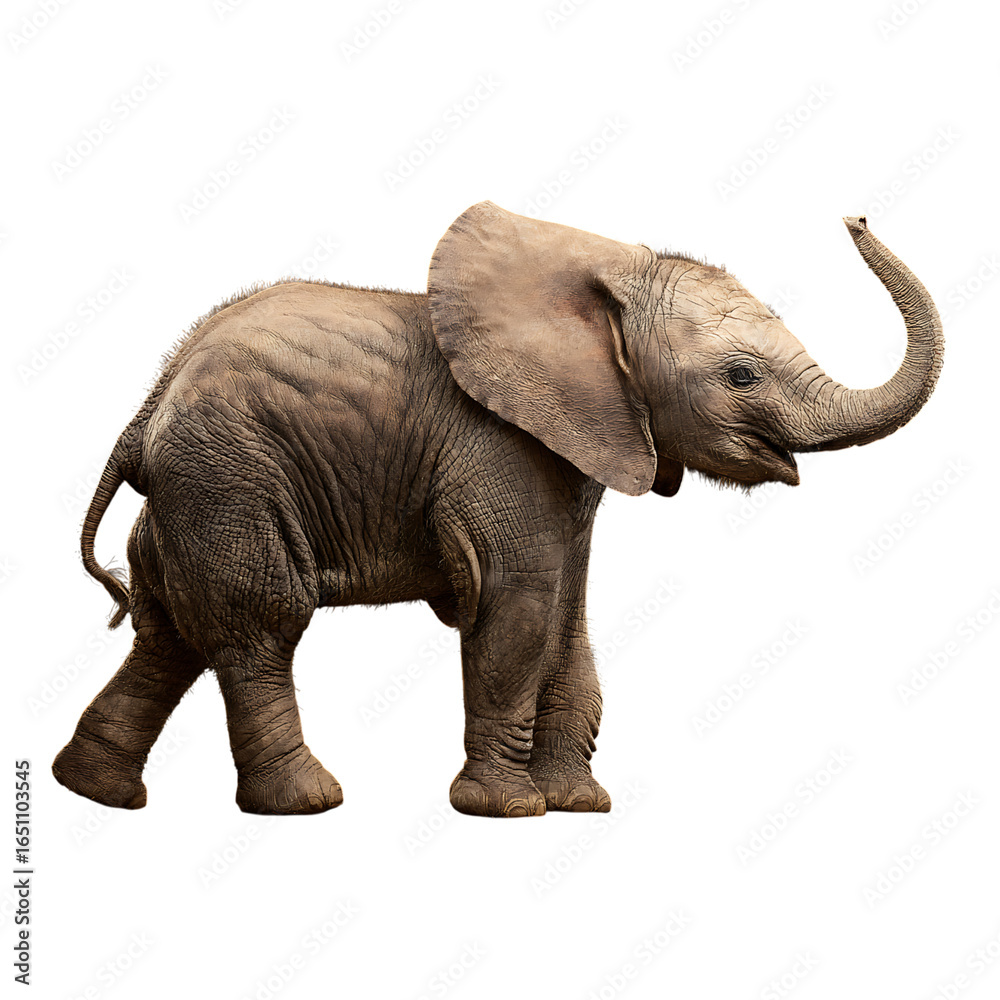 Obraz premium Adorable baby elephant with trunk raised in playful greeting, a charming wildlife portrait capturing innocence and wonder for nature lovers and educational projects.