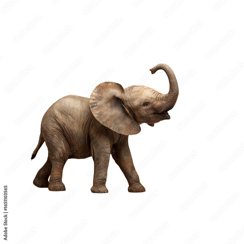 Obraz premium Adorable baby elephant trumpeting joyfully with trunk raised high, capturing pure wonder and playful energy in a stunning portrait