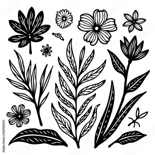 Collection of hand-drawn floral elements with various leaves and flowers forming botanical set vector illustration isolated
