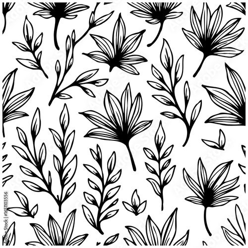 Seamless floral pattern featuring delicate plant leaves and branches in a monochrome illustration background with nature elements