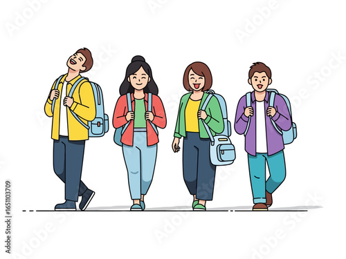 Group of Students Walking: A lively group of students, each with a unique style, stroll together with backpacks, radiating the spirit of education and youthful camaraderie.