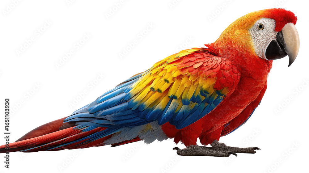Fototapeta premium Vibrant Scarlet Macaw's Portrait: This captivating view captures the striking plumage of a scarlet macaw, known for its bright hues, offering a vivid depiction of a tropical aviary bird.
