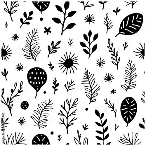 Monochrome botanical bliss a seamless hand drawn pattern featuring leaves flowers and stylized natural elements offers artistic vibe