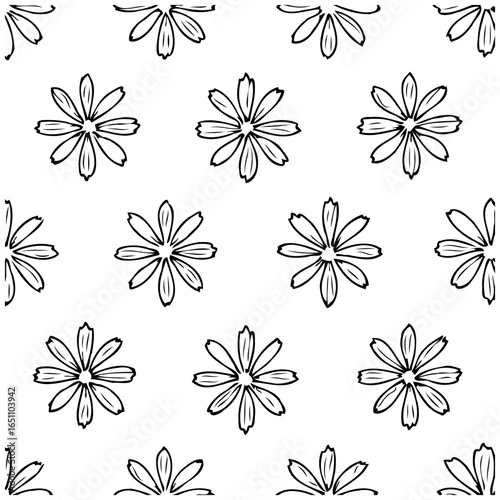 Elegant seamless pattern of floral elements creates a calming visual texture with its simplistic monochromatic design