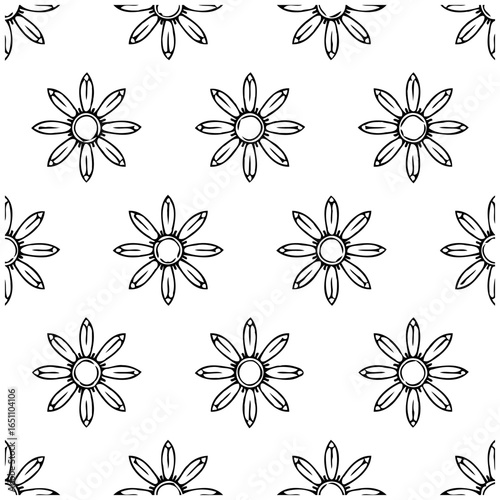 Elegant floral repeat pattern with daisy flowers for textile designs and backgrounds featuring black contours on a white backdrop