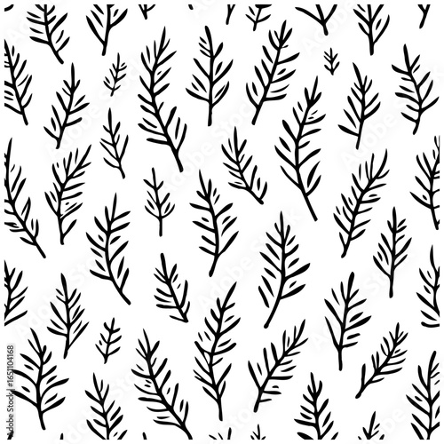 Seamless pattern of hand drawn branches with leaves against a white backdrop showcasing minimal design and natural elements