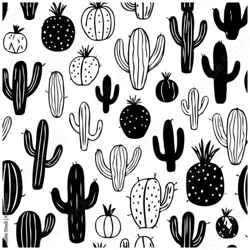 Monochrome cacti and other exotic plants creates a striking and eye catching pattern design for printing and decoration