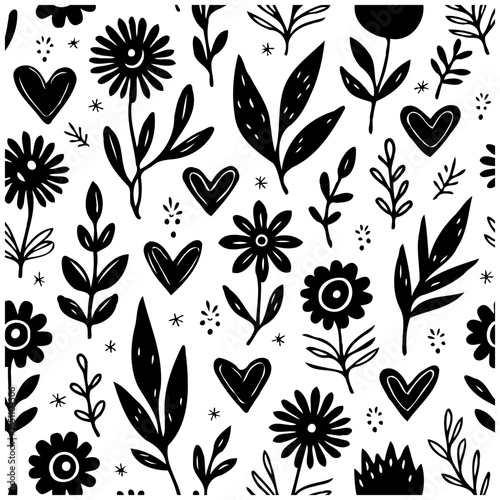 Hand-Drawn Floral and Heart Pattern on a White Background, Creating a Seamless Delicate Design for Fabric and Wallpaper