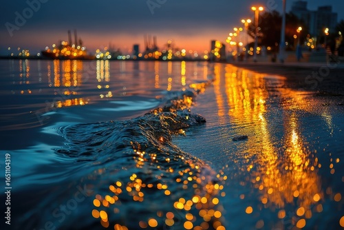 Evening harbor scene, water's edge
