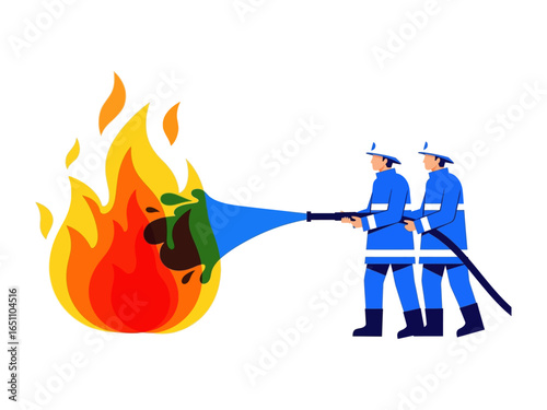 Firefighters Battling Flames: Two courageous firefighters heroically combat an intense blaze, wielding a high-pressure hose with precision and determination.