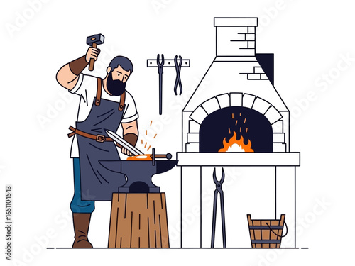 Blacksmith at Work: A strong blacksmith is hard at work. With the forge blazing, and the anvil ringing, he forges metal, expertly shaping steel. 