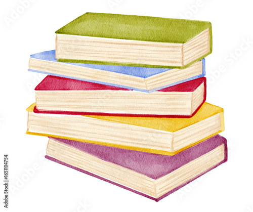A stack of five colorful books, rendered in a watercolor style, isolated on a white background.