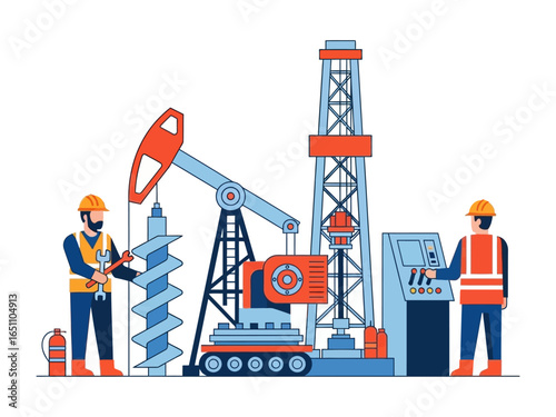 Oil Rig Mechanics in Action: A vibrant illustration of industry mechanics at work near an oil rig, highlighting the complex machinery and dedicated personnel essential to extracting natural resources.