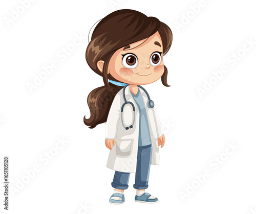 A cheerful young girl, depicted as a doctor, stands confidently in her white coat and stethoscope.