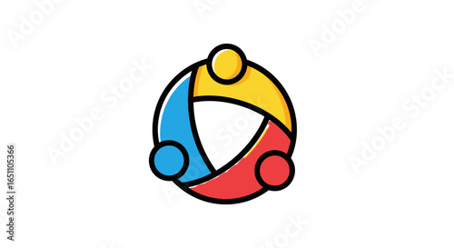 This vibrant abstract logo symbolizes a sustainable global community, emphasizing interconnectedness, teamwork, and responsible social development for a better future.