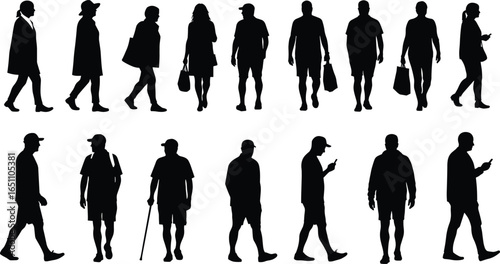 Silhouette of walking people, men and women figures, casual lifestyle, street activity, urban crowd, pedestrian motion, vector artwork, everyday city life scene.