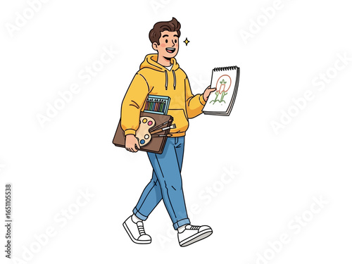Artistic Journey Begins: A young artist strides confidently, palette in hand, his sketchpad revealing an idea, epitomizing passion and dedication in his creative process.