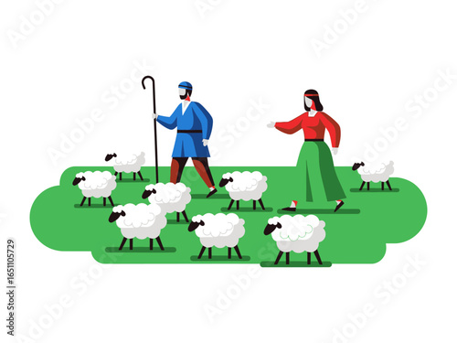 Shepherd and Sheep: A pastoral scene unfolds as a shepherd and a woman tend to their flock of sheep, navigating the verdant field with purpose and care, in a minimalist illustration style.