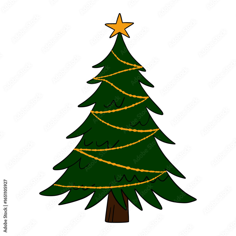 Fototapeta premium Christmas tree decorated with ornaments, baubles, ribbons, and shining star. Cozy holiday illustration winter celebration, New Year greeting cards, seasonal design, and festive decoration