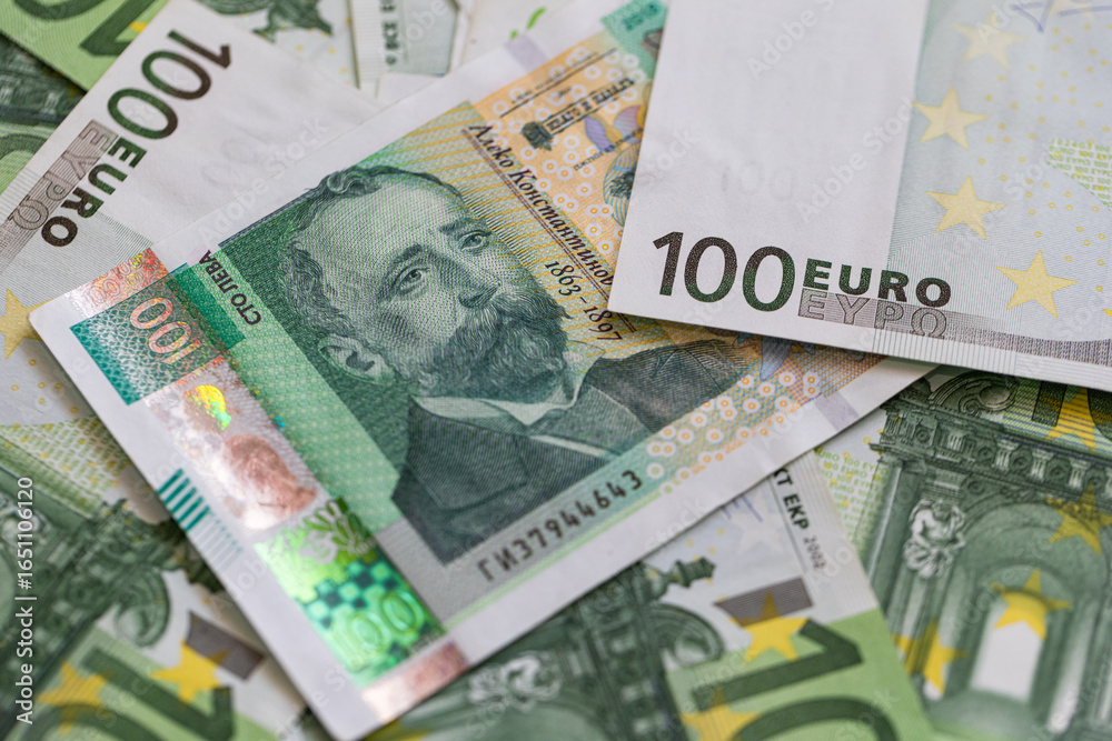 Fototapeta premium 100 Bulgarian Lev Banknote on a Background of Euros