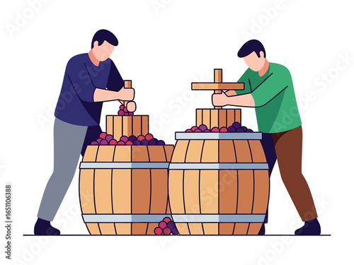 Wine-Making Illustration: Two individuals diligently work to press grapes into wooden barrels, embodying the traditional artistry of winemaking.