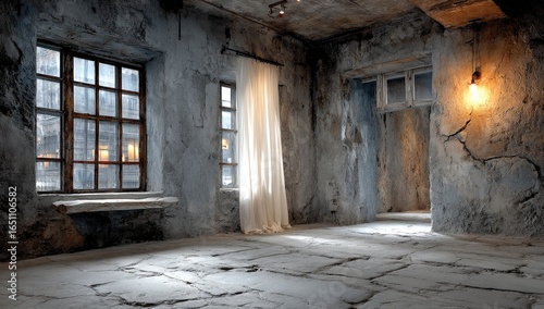Empty room, rough walls, natural light