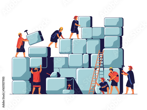 Building Construction Illustration: An illustration shows a group of builders meticulously constructing a towering structure with collaborative efforts, brick by brick.
