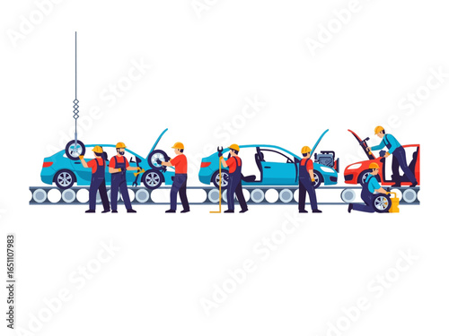 Automobile Assembly Line:  An animated illustration showcasing a modern automobile assembly line in full swing, where skilled workers meticulously assemble cars with precision and teamwork. 