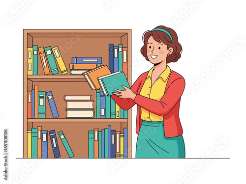 Library Selection: An animated librarian, selects books in the wooden bookshelf, symbolizing intellectual pursuit. The bookshelf showcases a variety of colored books. 