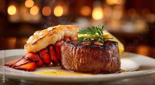 Grilled steak and lobster tail on a plate with garnish