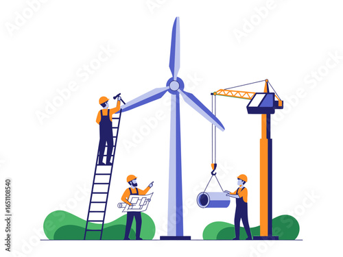 Constructing a Sustainable Future: Engineers and construction workers collaborate on-site, building a wind turbine and symbolizing a commitment to clean energy and environmental responsibility.