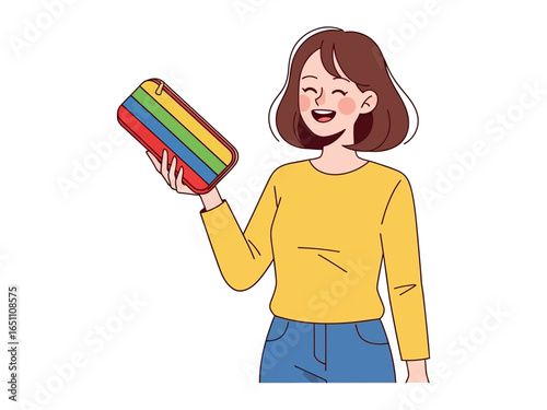 Cheerful woman with colorful object: A spirited illustration depicting a woman beaming with joy, holding a vibrant, multi-colored item that adds a touch of dynamic style and playful energy.